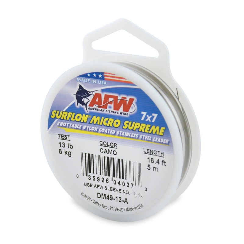 AFW American Fishing Wire Surflon Micro Supreme, Nylon Coated 7x7 Stainless Steel Leader Wire, 13 lb Test, .013" Diameter, Camo, 5 m - Image 1